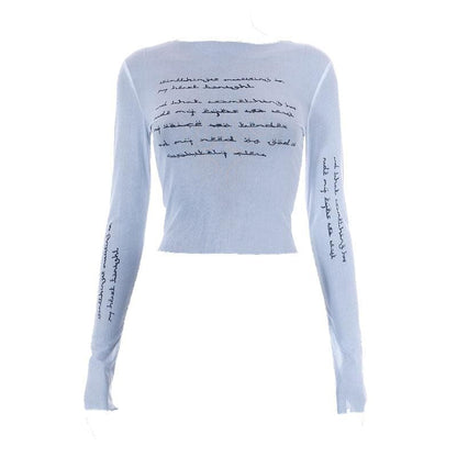 Long sleeve contrast print sheer mesh see through crop top