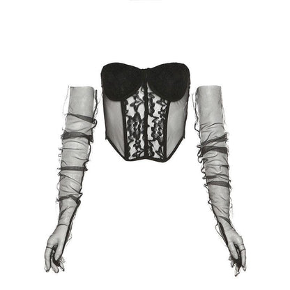 Mesh gloves lace patchwork corset low cut backless tube crop top