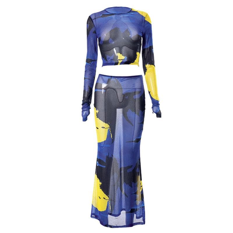 Abstract Print Sheer Mesh Long Sleeve Gloves Contrast Maxi Skirt Set