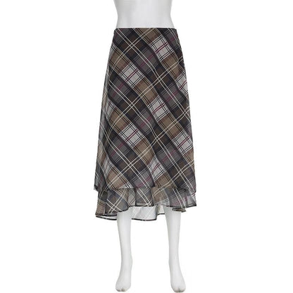 Plaid contrast ruffle zip-up chiffon low rise midi skirt