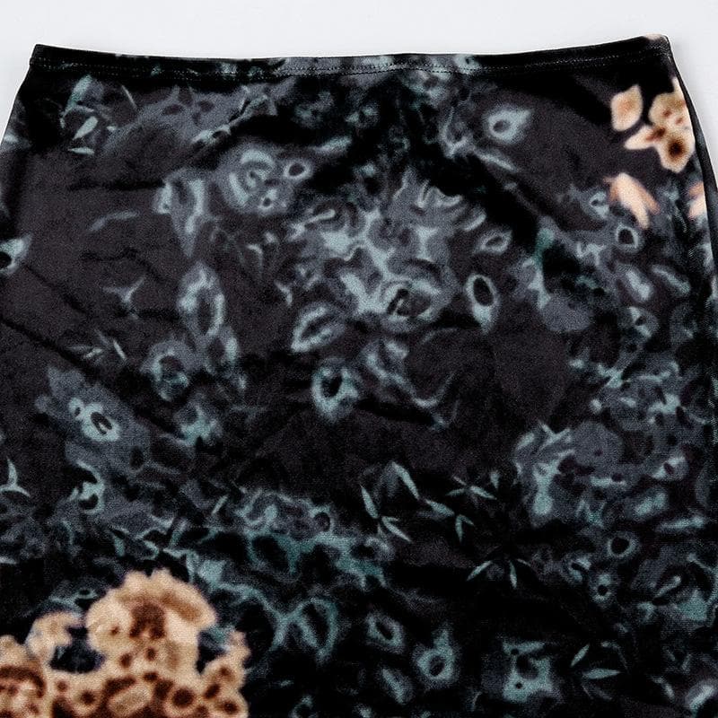 Flower print velvet contrast ruched irregular low rise maxi skirt