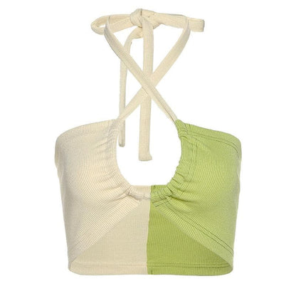 Ribbed contrast halter cross front drawstring backless crop top