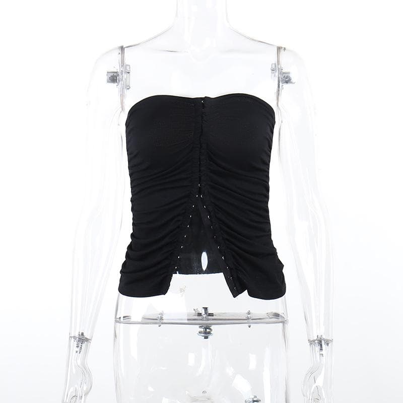 Button solid ruched backless ribbed tube crop top