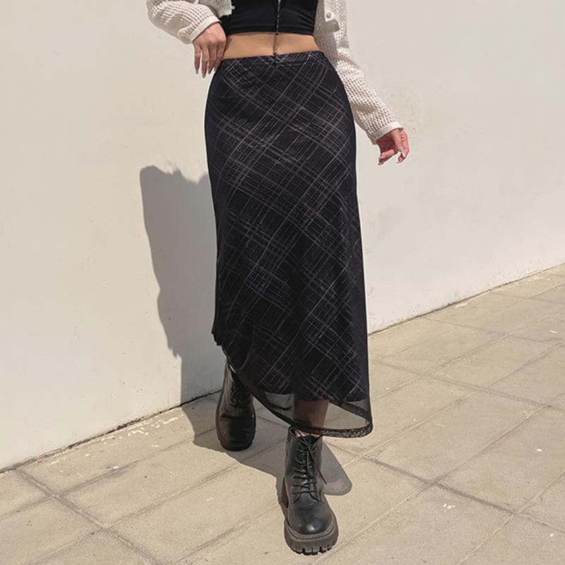 Mesh plaid contrast high rise midi skirt