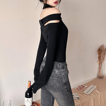 Halter solid long sleeve off shoulder hollow out top