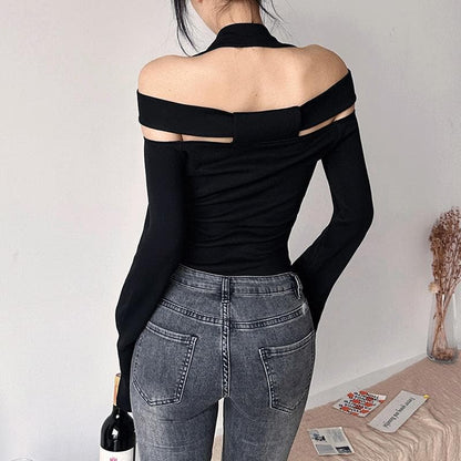 Halter solid long sleeve off shoulder hollow out top