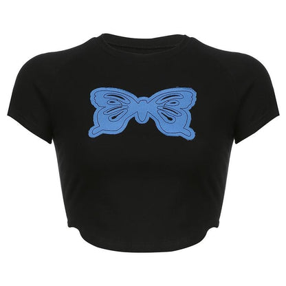 Butterfly patchwork contrast short sleeve crop top