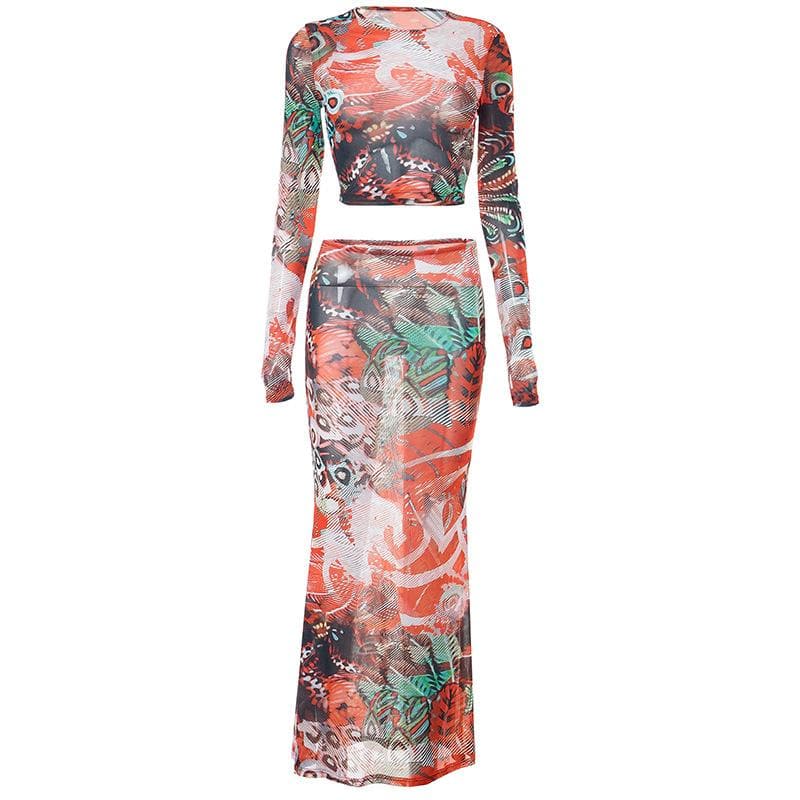 Abstract Print Sheer Mesh Long Sleeve Gloves Contrast Maxi Skirt Set