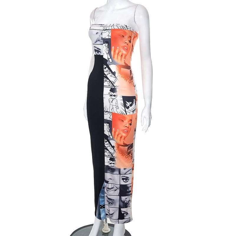 Abstract Print Contrast Patchwork Backless Slit Tube Maxi Dress