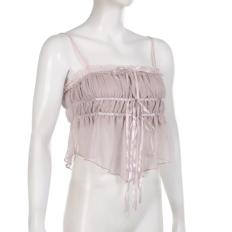 Chiffon-Camisole mit plissiertem Rüschensaum und Spitzenknopf 