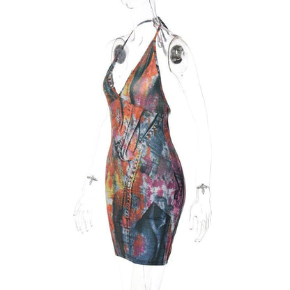 Backless halter self tie v neck contrast print mini dress