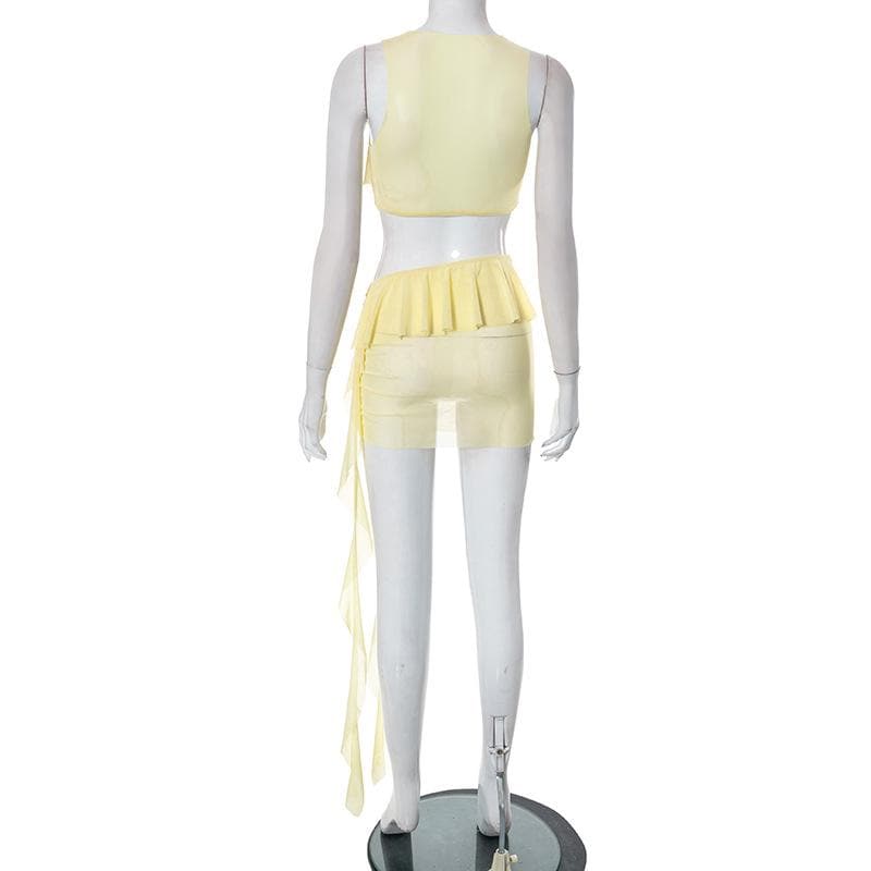 Sheer mesh see through solid ruffle ribbon sleeveless mini skirt set