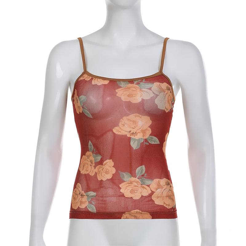 Contrast flower print mesh square neck cami top