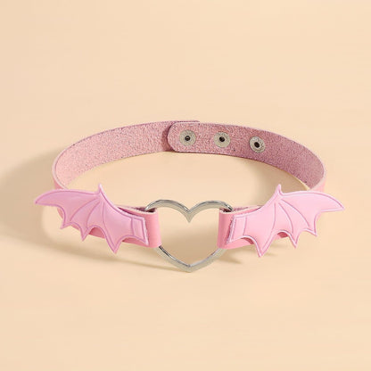 Wing heart ring button PU choker necklace