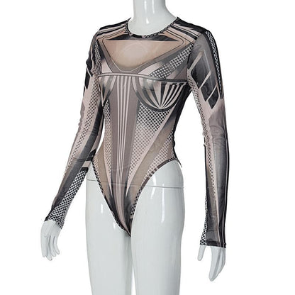 Long sleeve sheer mesh see through abstract print bodysuit