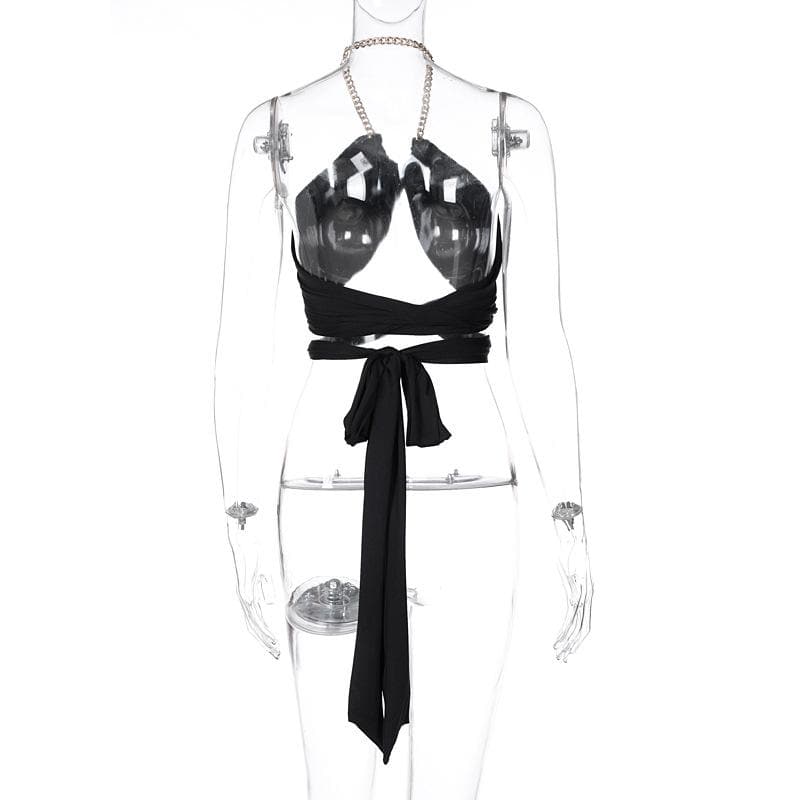 Metal chain ruched cross front self tie backless crop top