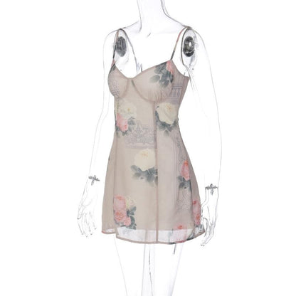 Chiffon flower print contrast v neck zip-up cami mini dress