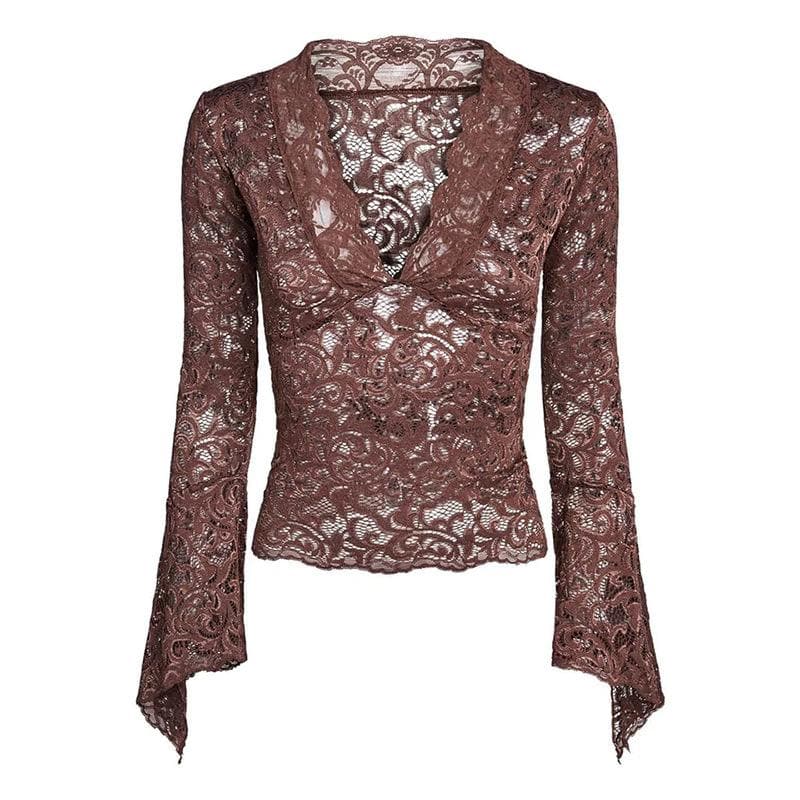 Flared sleeve v neck lace see through solid top