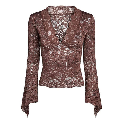 Flared sleeve v neck lace see through solid top