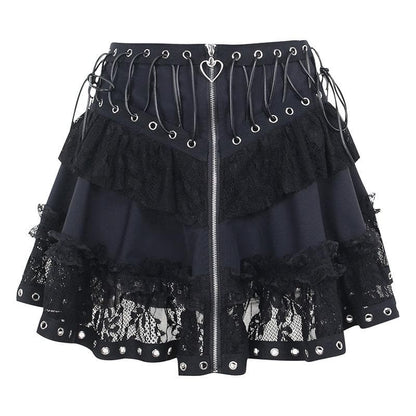 Zip-up lace up patchwork lace ruffle mini skirt