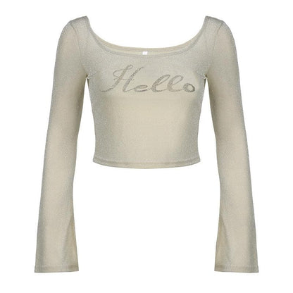 Textured u neck "Hello" pattern flared sleeve crop top