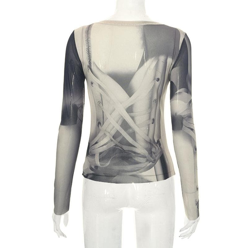 Long sleeve contrast sheer mesh top