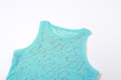 Sheer mesh see through beaded round neck sleeveless top