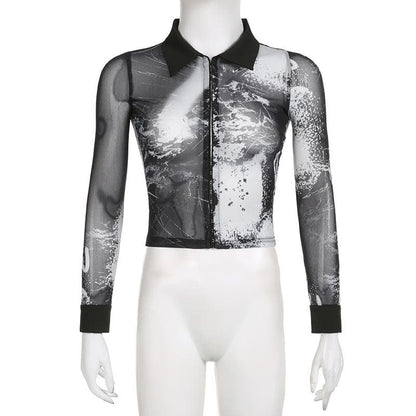 Sheer mesh see through turnover collar long sleeve button top