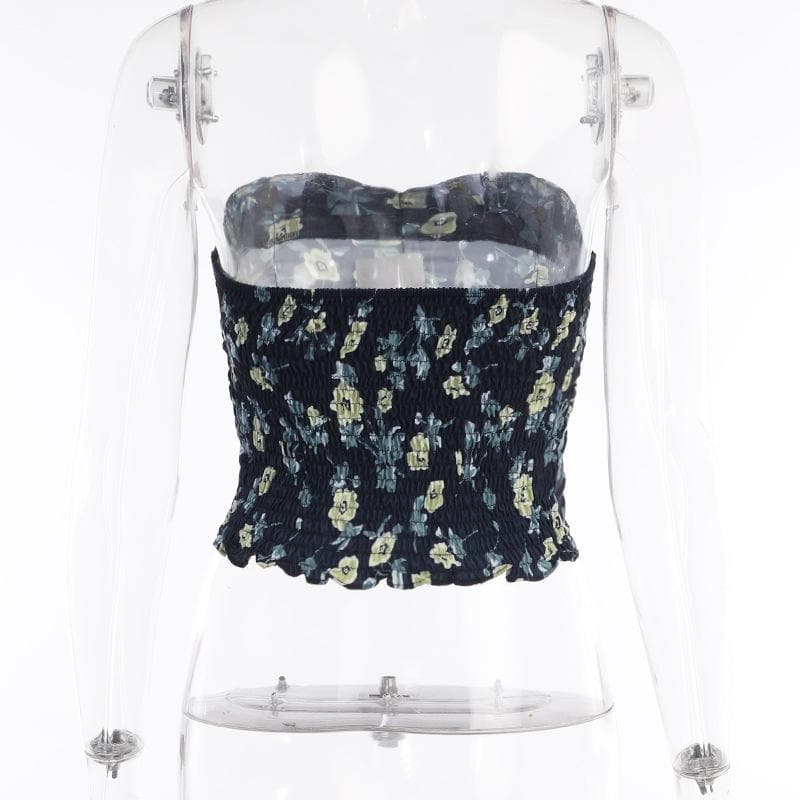 Flower print contrast ruched smocked backless tube crop top