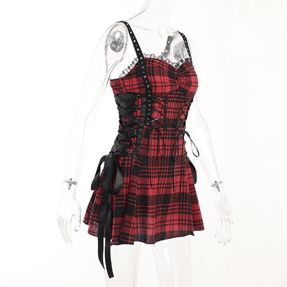 Backless ruched lace hem plaid lace up zip-up mini dress