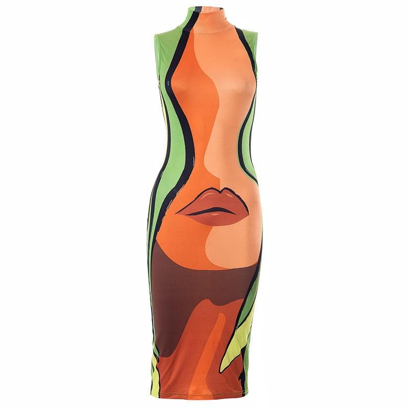 Abstract Sleeveless High Neck Contrast Midi Dress