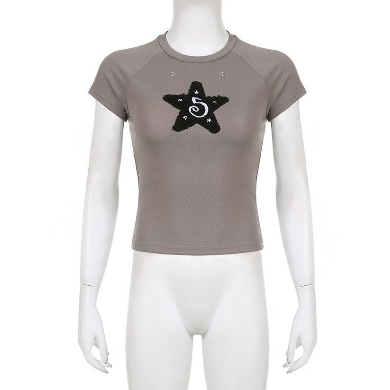 Star embroidery contrast short sleeve crewneck top