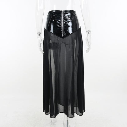 Metal chain lace up slit zip-up mesh PU leather patchwork midi skirt