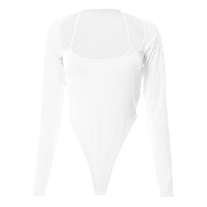 Halter solid ribbed long sleeve low cut bodysuit