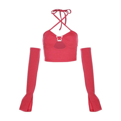 Buckle halter cross front hollow out gloves backless crop top - Final Sale