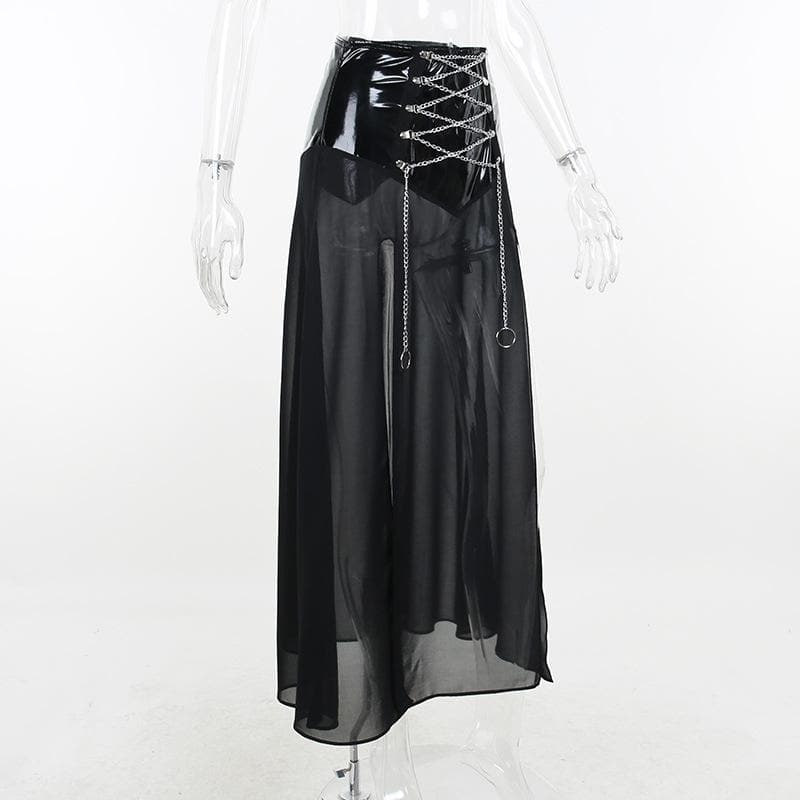 Metal chain lace up slit zip-up mesh PU leather patchwork midi skirt