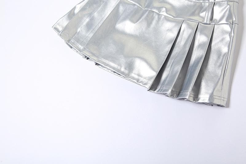 Minigonna a pieghe metallizzate con cerniera e vita media 