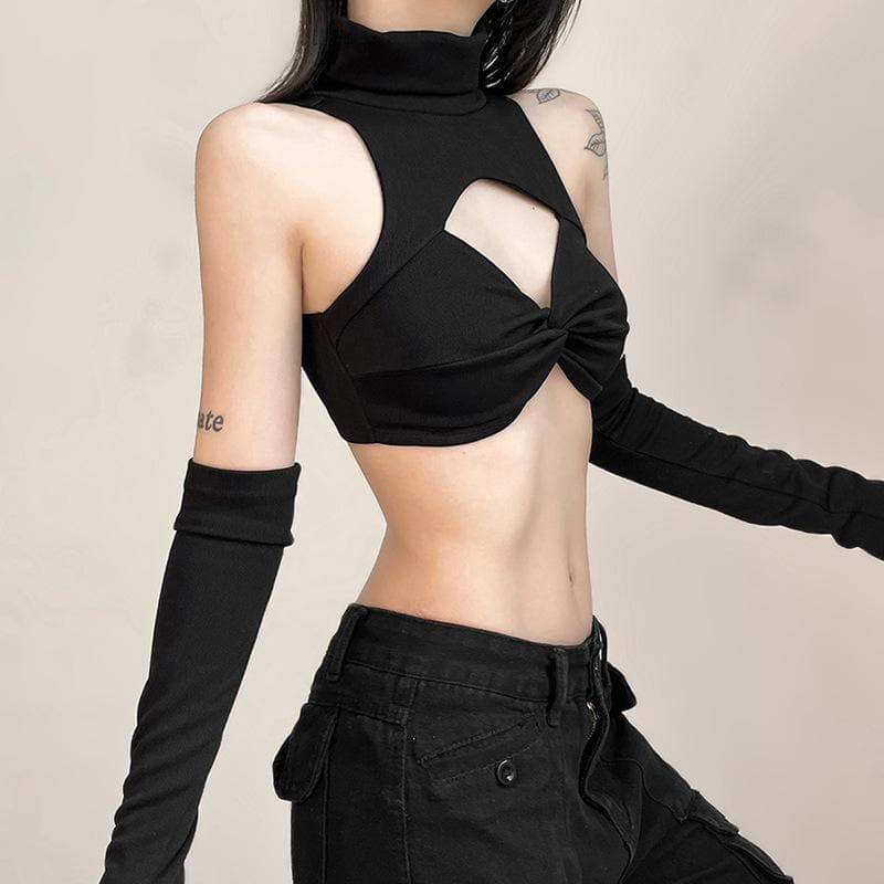 Knotted solid gloves high neck hollow out crop top