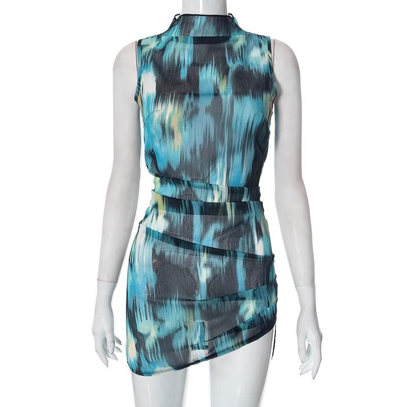 Chiffon tie dye high neck ruched contrast sleeveless zip-up mini dress