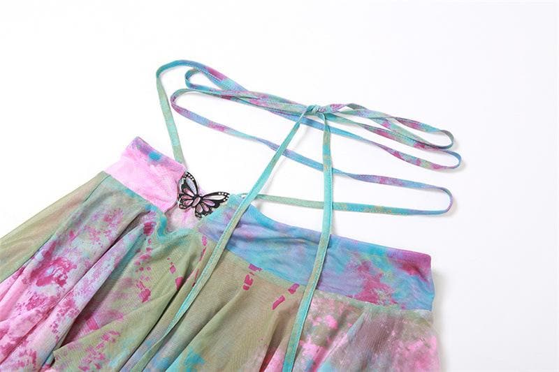 Minigonna con scollo a V, manica svasata, tie-dye, anello a O, allacciabile e scollato 