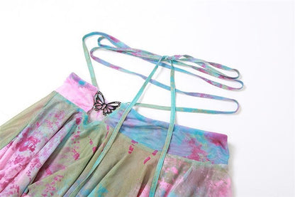 Minigonna con scollo a V, manica svasata, tie-dye, anello a O, allacciabile e scollato 