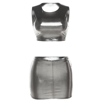 Minigonna metallizzata senza maniche con scollo rotondo 