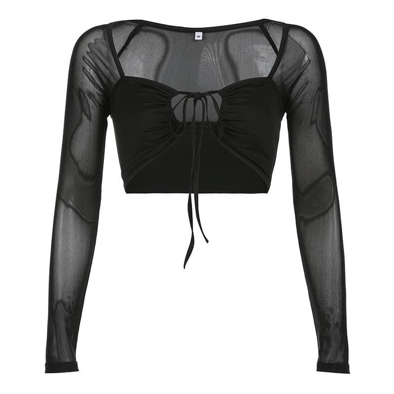 Long sleeve solid mesh hollow out self tie crop top