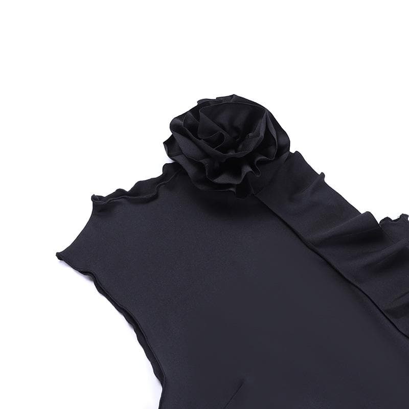 Solid ruffle flower applique sleeveless mini skirt set