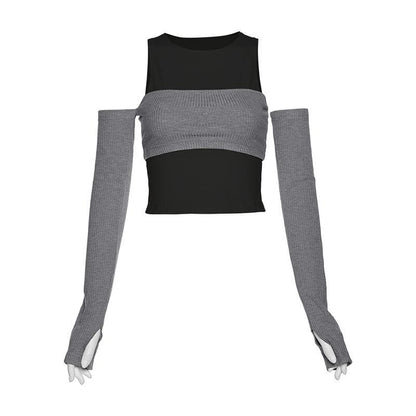 Knitted gloves contrast off shoulder crewneck 2 piece crop top