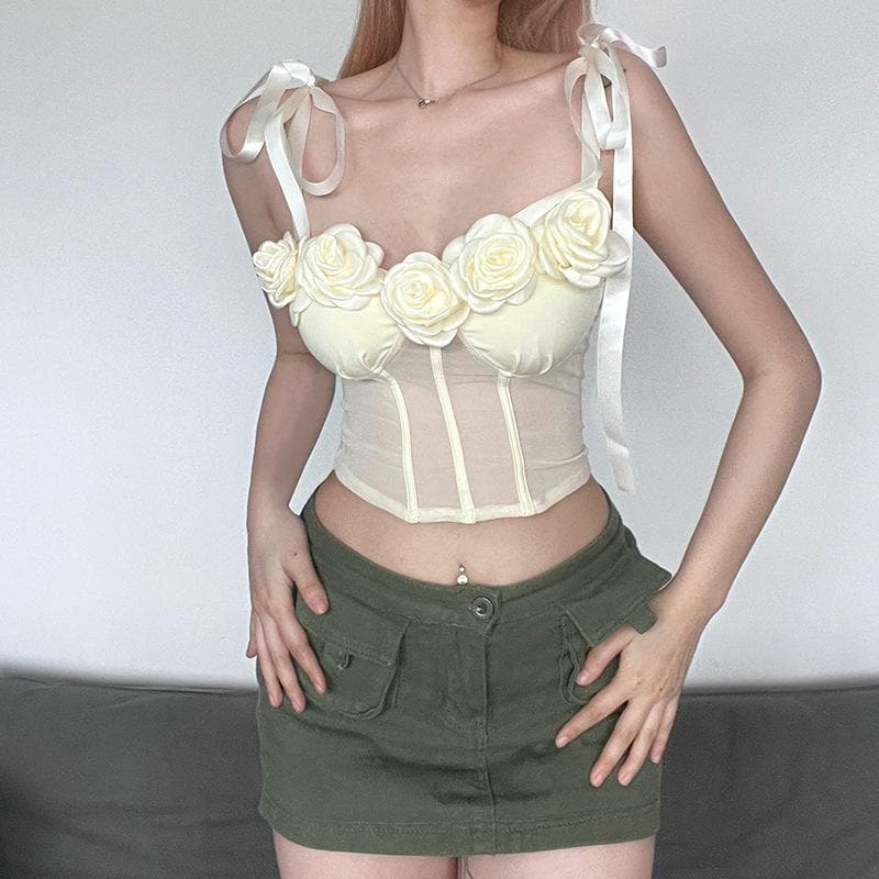 Mesh solid flower applique self tie backless bustier crop top