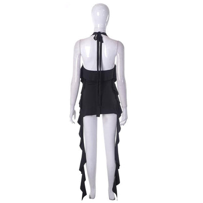 Solid halter buckle self tie ribbon backless crop top