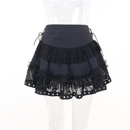 Zip-up lace up patchwork lace ruffle mini skirt