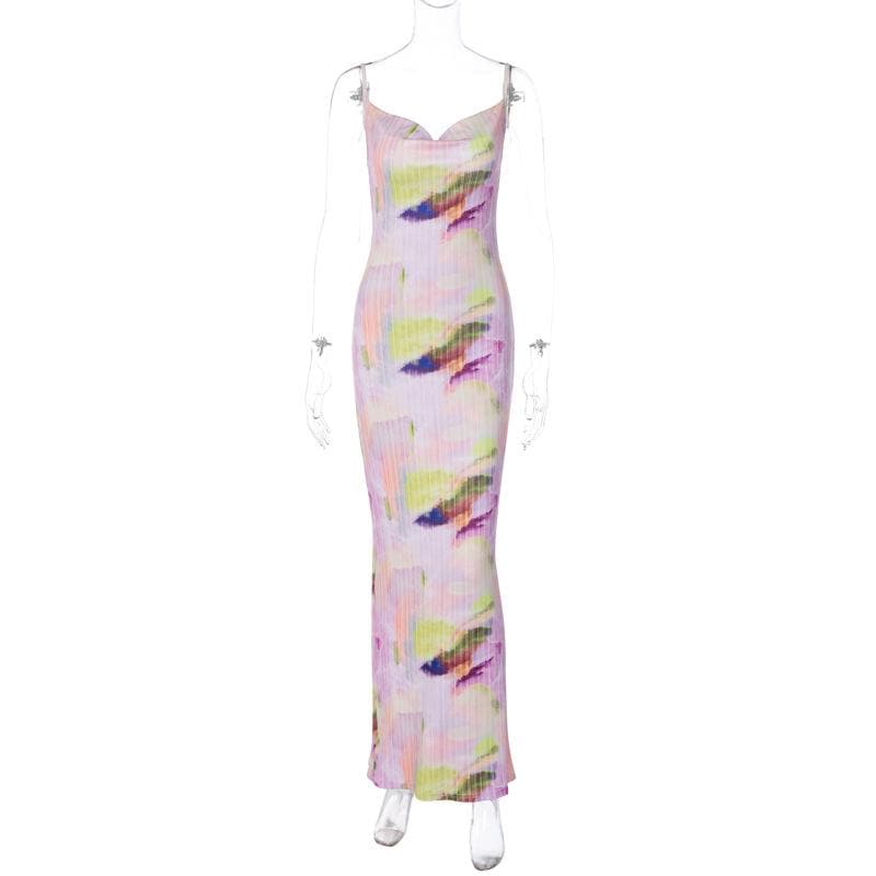 Backless cowl neck v neck contrast print cami maxi dress