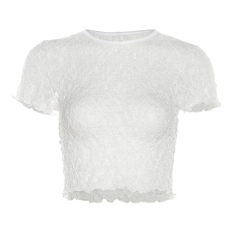 Lace see through solid ruffle short sleeve crewneck crop top